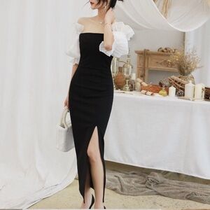 Off-Shoulder Black and White Maxi Sheath Dress